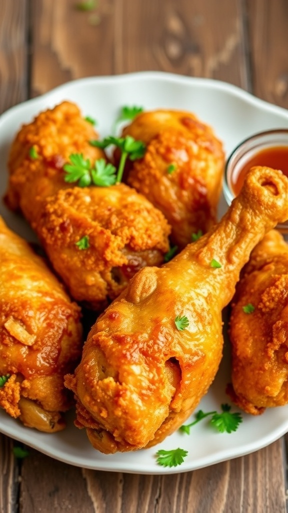 Crispy fried chicken drumsticks on a plate with parsley and dipping sauce.